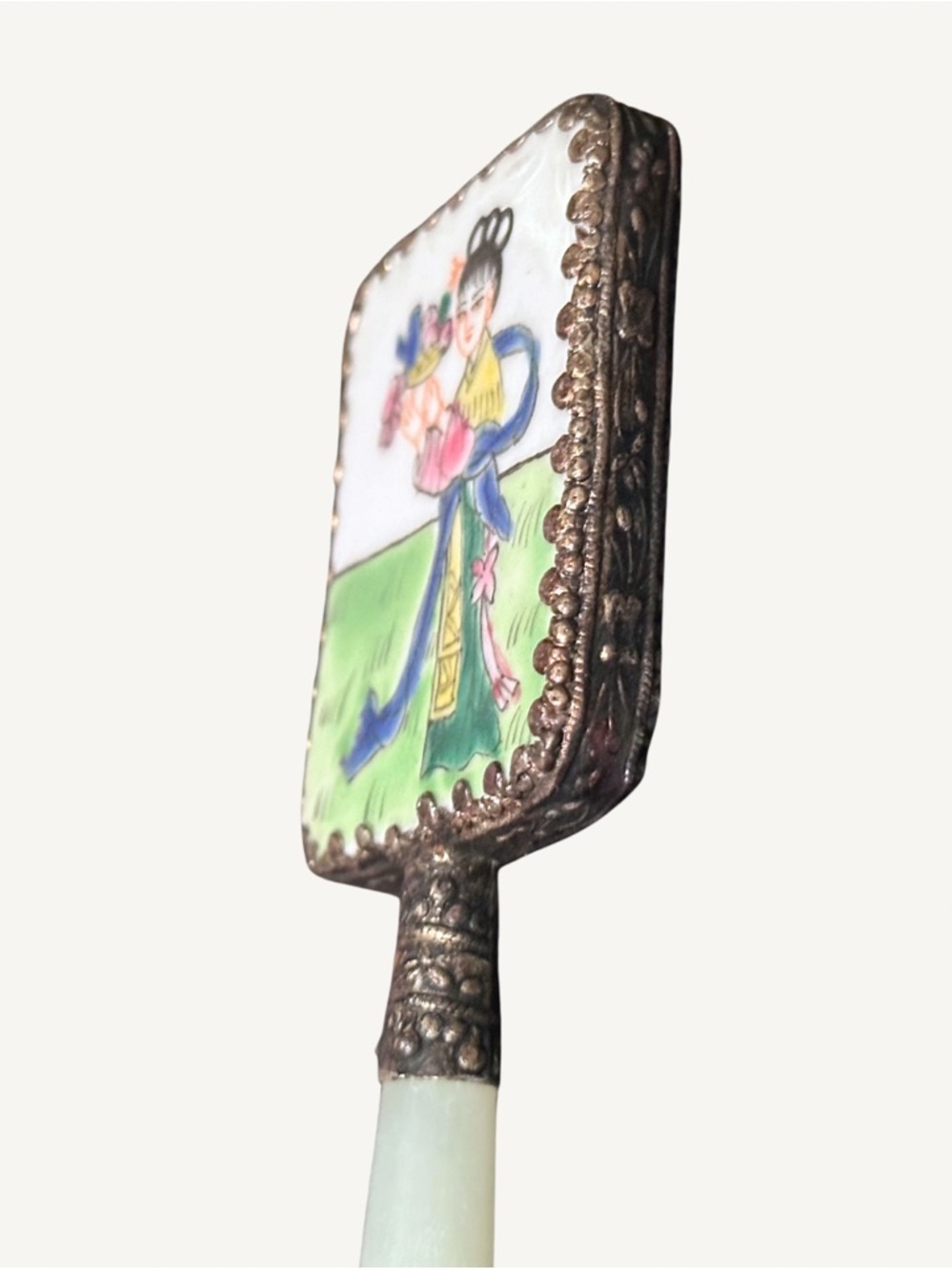 Authentic Jade & Hand Painted Porcelain Hand Mirror w/ Ornate Silver Metalwork - Picture 5 of 6